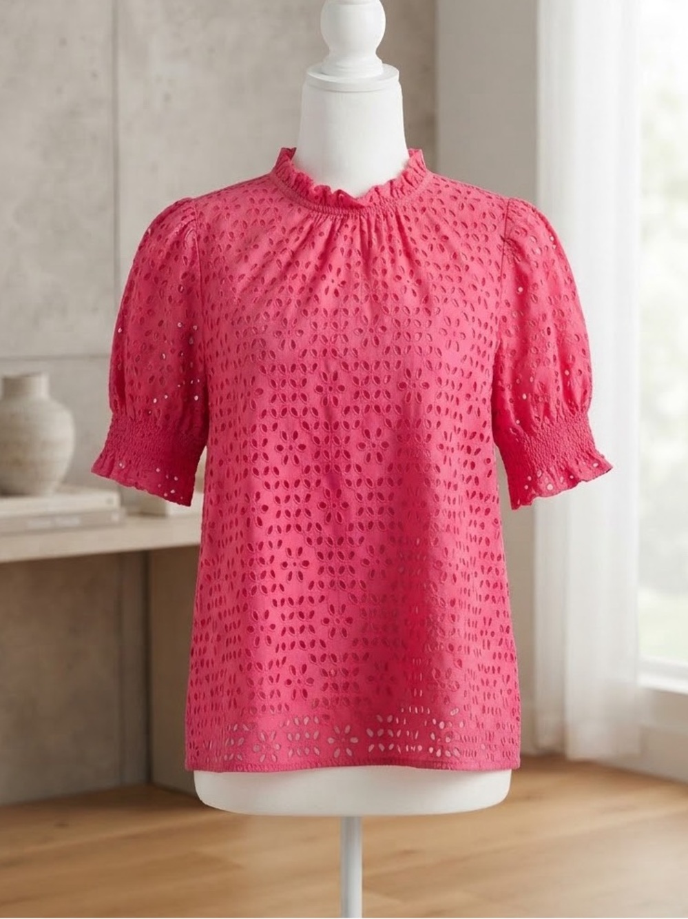 J. Crew Hot Pink Eyelet Ruffle Neck Short Sleeve Blouse